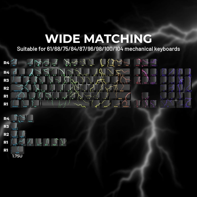 HITIME x XVX Lightning Keycaps 60 75 100 Percent - Shine Through Keycaps w/IMD Tech, for Mechanical Keyboards, Full 118 Key Set, OEM Profile, Lines Backlit, Side Printed - Black - Image 3